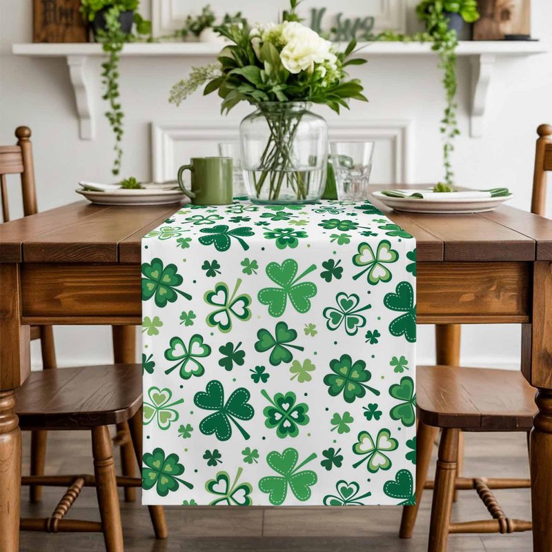 St Patrick's Day Green Shamrocks/Clover Table Runners Cotton Linen Non-Slip Rectangle Dresser Scarves for Spring Party Holiday Kitchen Dining Banquet/Family Gathering Home Decor,13" x 70" Long