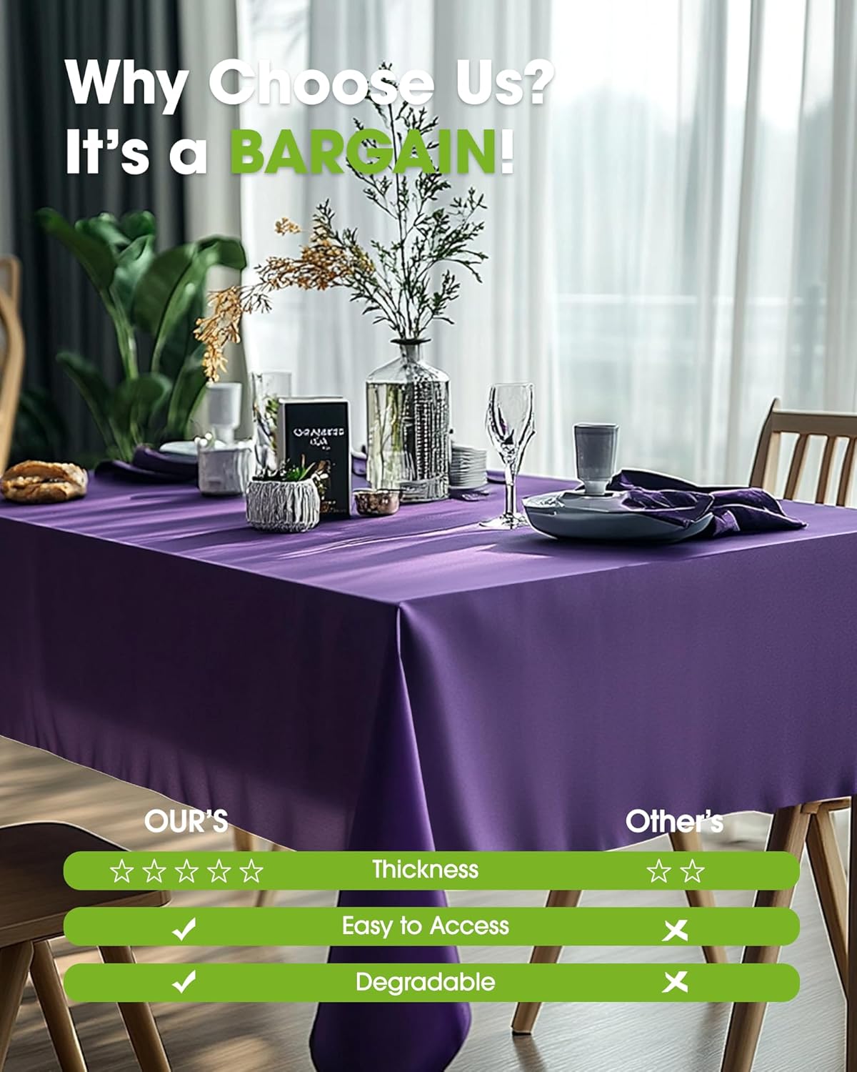 Pureegg Disposable Plastic Tablecloths - Leakproof & Sturdy, 54 x 108 Inch, Purple | 8 Pack for Graduation Party
