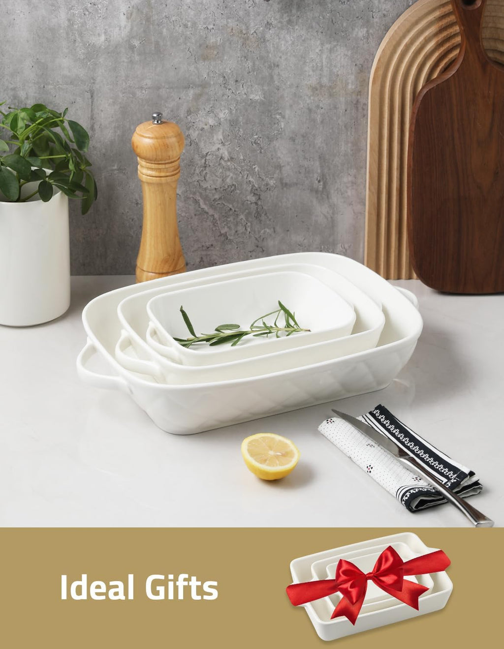 Sweejar Casserole Dishes - Set of 3 Ceramic Baking Pans for Oven | Rectangular Bakeware, 12.2x9.2x2.5 Inches (White)