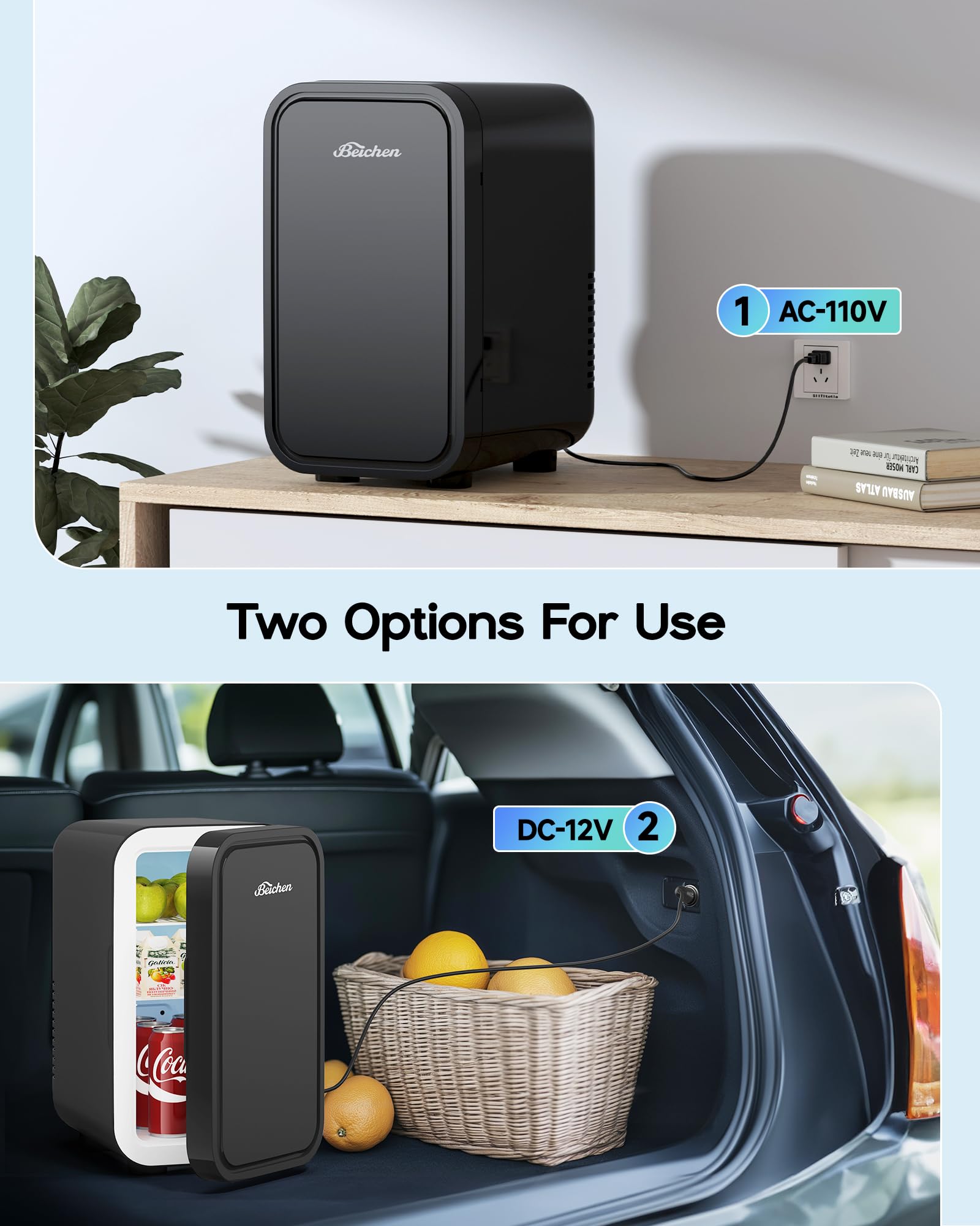 BEICHEN Mini Fridge,6 Liter / 8 Can Small Fridge for Bedroom, Car, Office & Dorm, 110V AC/DC Portable Thermoelectric Cooler & Warmer for Skincare, Food, Drinks,Black