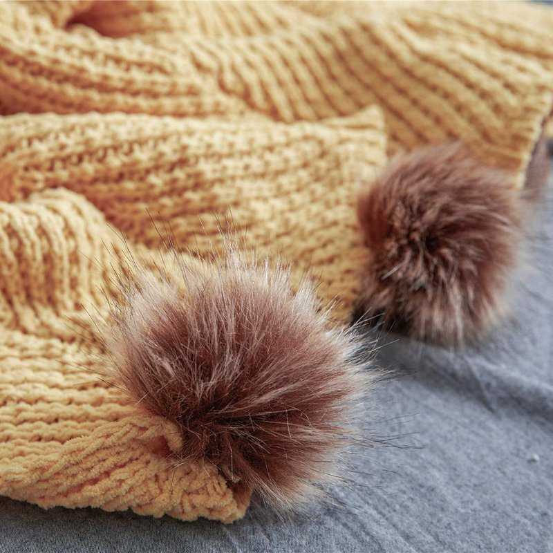 vctops Fur Pom Pom Knit Throw Blanket Super Soft Warm Cozy Cable Knitted Blanket for Sofa and Couch 51 x 63 Inch Mustard Yellow