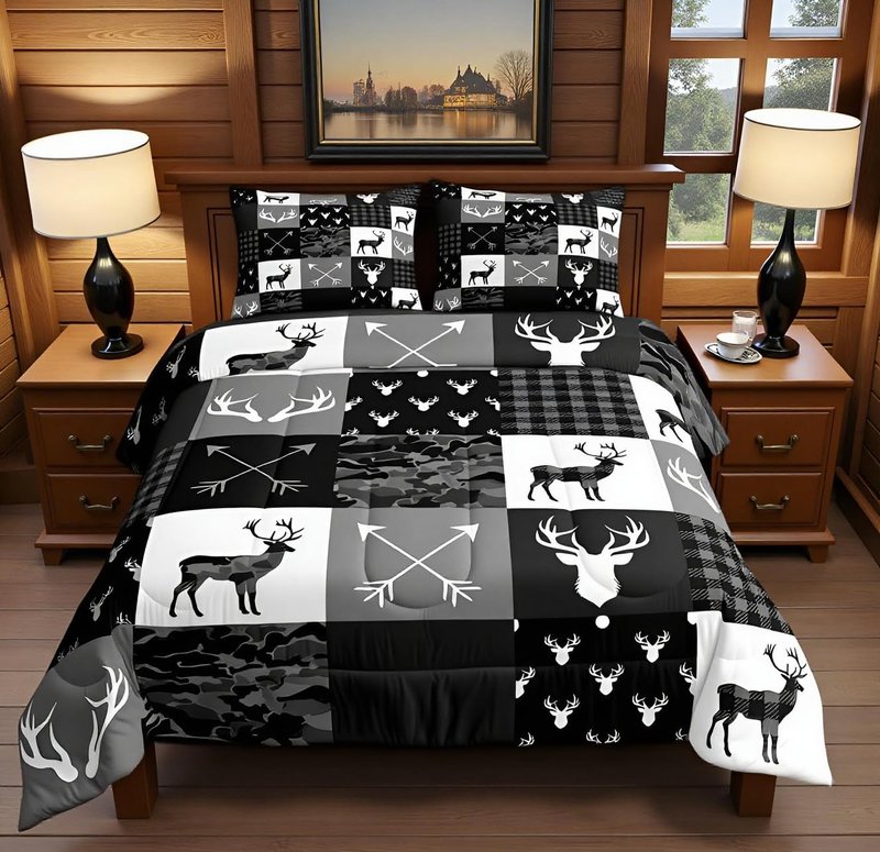 Deer Silhouette Comforter Set Queen Size,Camo Western Rustic Farmhouse Xmas Bedding Set 3pcs for Kids Teens Home Room Decor,Antlers Arrow Geometric Quilt Set,Black Grey Duvet Insert,2 Pillowcases