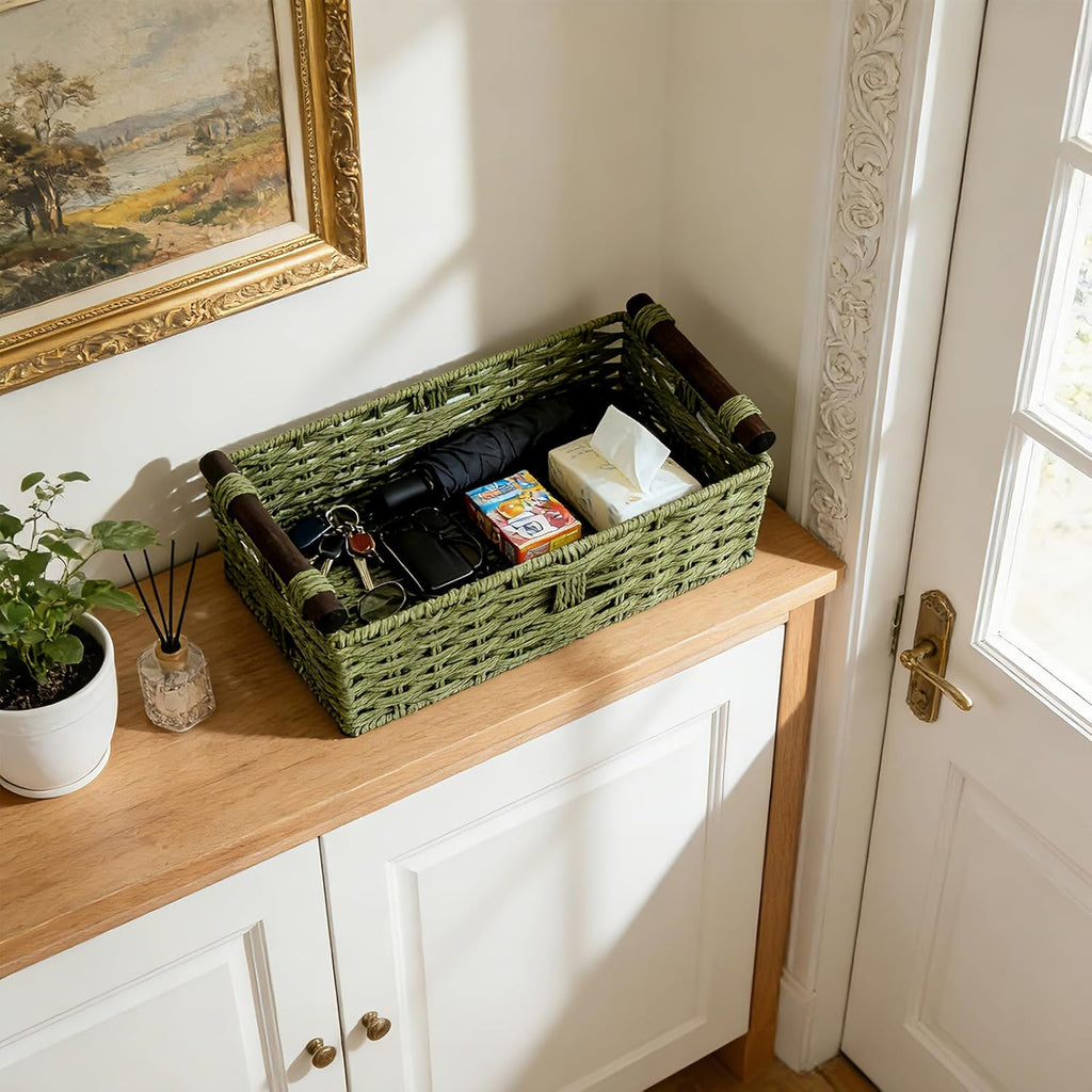 Skiennix Green Toilet Basket | Stylish Bathroom Organizer & Storage | 2-Piece Paper Rope Wicker Holder