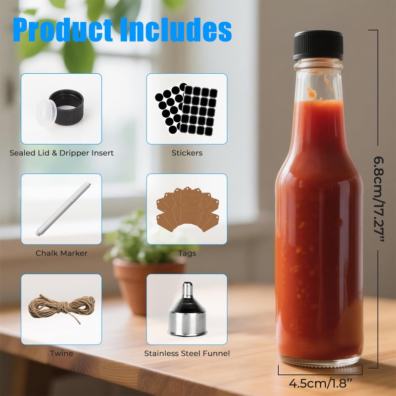 5 oz Hot Sauce Glass Bottles with Leak Proof Cap,Orifice Reducer Dripper Insert, 150 ml Clear Oil Bottle for Kitchen, Home Brewing Wine & Juicing Bottles. (Pack of 25)