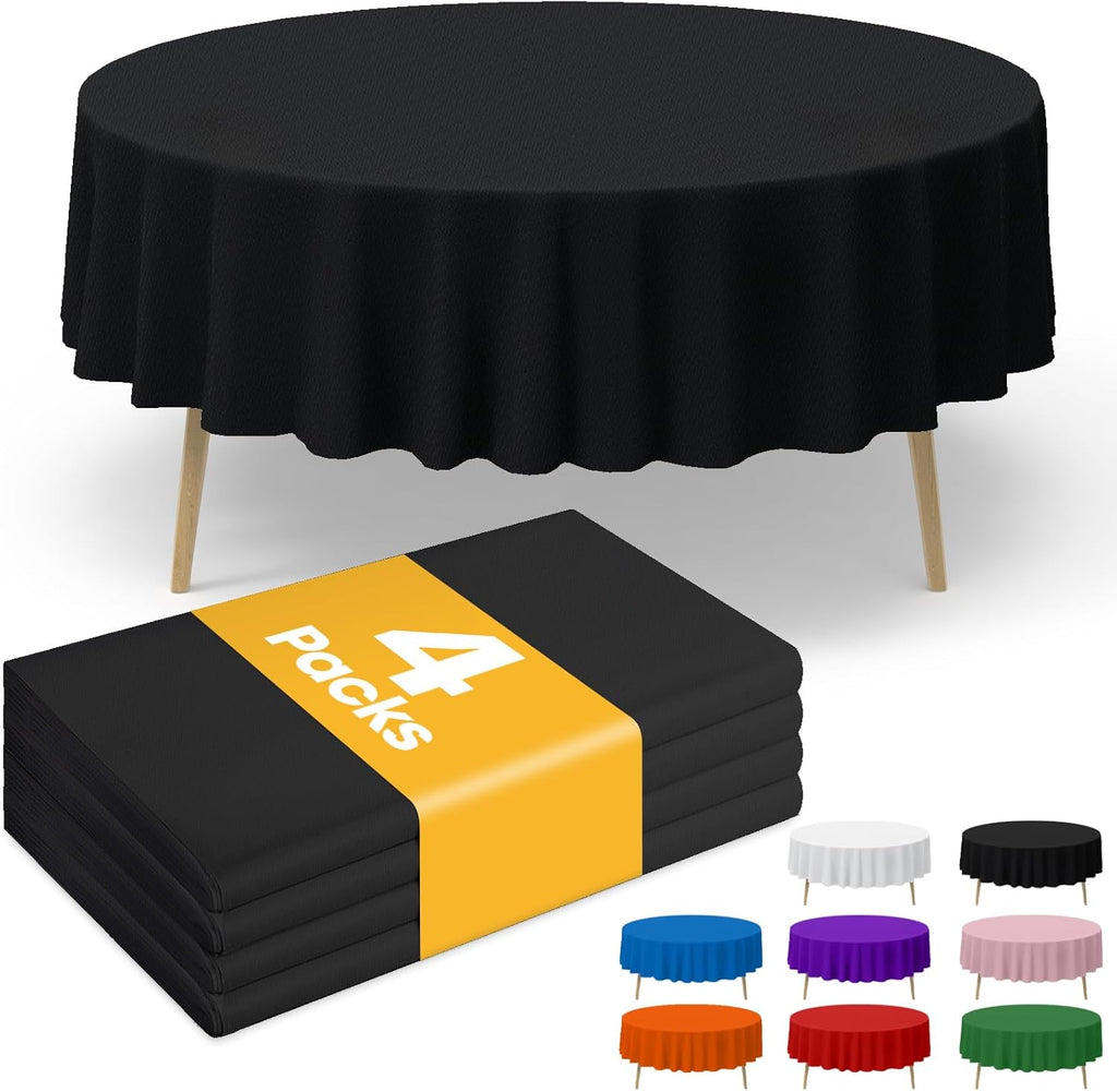 Niuara Black Plastic Tablecloths - 84" Round Disposable Covers for Holiday Parties | 4 Pack