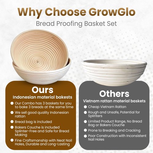 Benneton Proofing Basket Set of 3: 9' & 10' Round, 10" Oval Rattan Bread Baskets with Cloth Lining + Bread Lame & Silicon Brush
