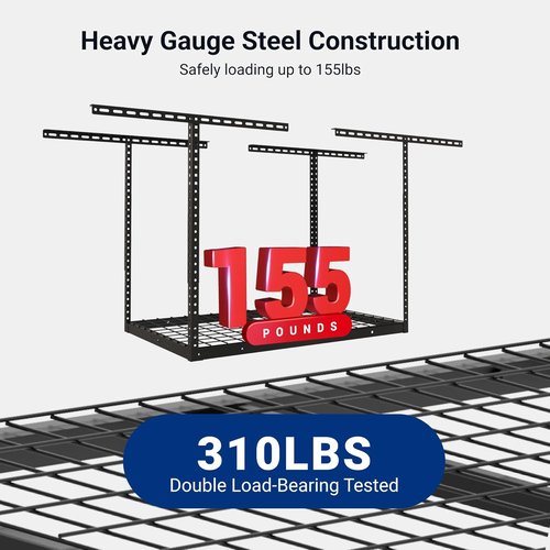 FLEXIMOUNTS Overhead Garage Storage Rack - Adjustable Heavy-Duty Metal System | 155lbs Capacity, Black