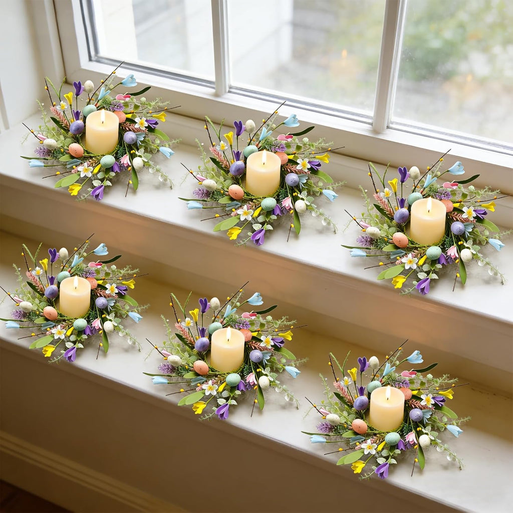 Skiennix Easter Candle Rings - 6 Pcs Mini Pillar Holders with Eggs & Flowers - Spring Yellow Berries Decor