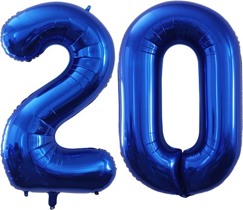 GOER 20th Birthday Balloons - 42 Inch Jumbo Blue Foil Helium Decorations for Anniversary Celebrations