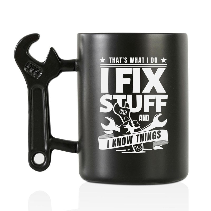 Onebttl Unique Gifts for Men, Car Guy Gifts Coffee Mug with Wrench Spanner Handle, for Mechanic Dad, Husband, Grandpa, Handyman, 13.5 oz Ceramic Mug for Birthday, Christmas - I fix stuff