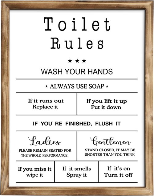 MODE HOME Farmhouse Wall Art - Funny Toilet Rules Sign with Torched Brown Frame | 14x11 Inch Shabby Chic Decor