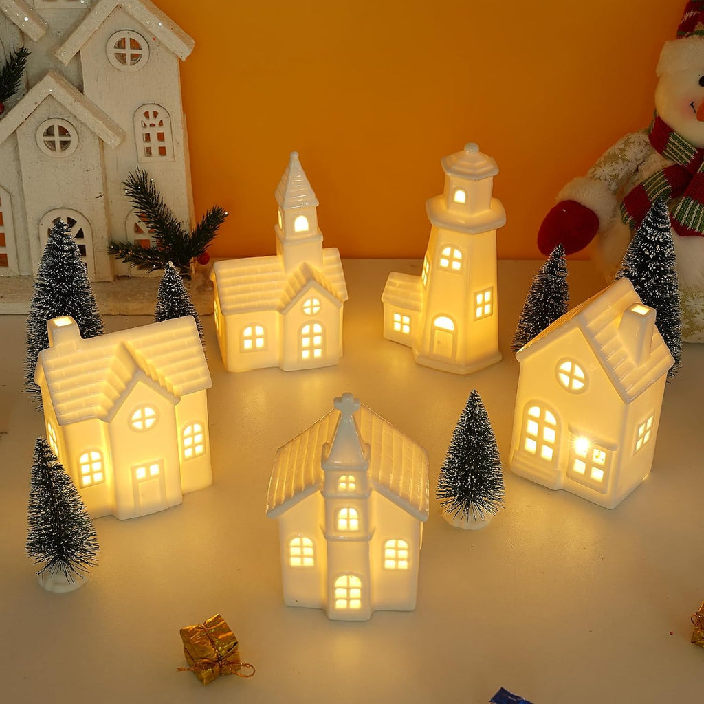 Skiennix 11-Piece White Ceramic Christmas Village Set - Light-Up Porcelain Houses with Timer for Festive Home Decor
