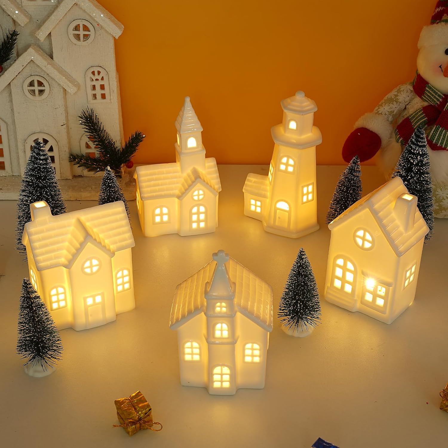 Skiennix 11-Piece White Ceramic Christmas Village Set - Light-Up Porcelain Houses with Timer for Festive Home Decor