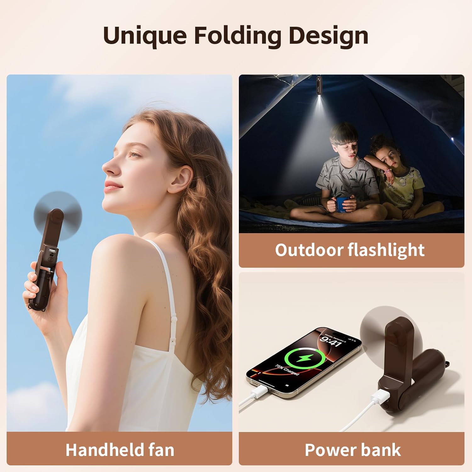 Skiennix Mini Handheld Fan - USB Rechargeable 3-in-1 Personal Cooler with Power Bank & LED Flashlight | Portable Brown Travel Essential