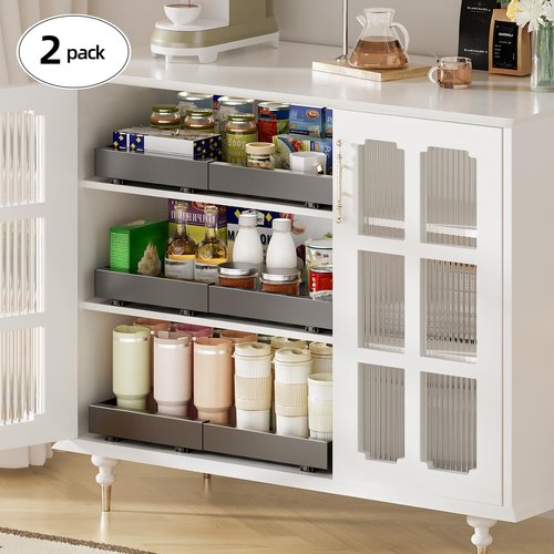 Delamu 16" Deep Pull Out Cabinet Organizer with 6 Dividers, Expandable (11.7 "-20" W) Pull Out Drawers for Cabinets, Cabinet Trays Pull Out for Cabinets in Kitchen, Pantry or Bathroom, Black, 2 Pack