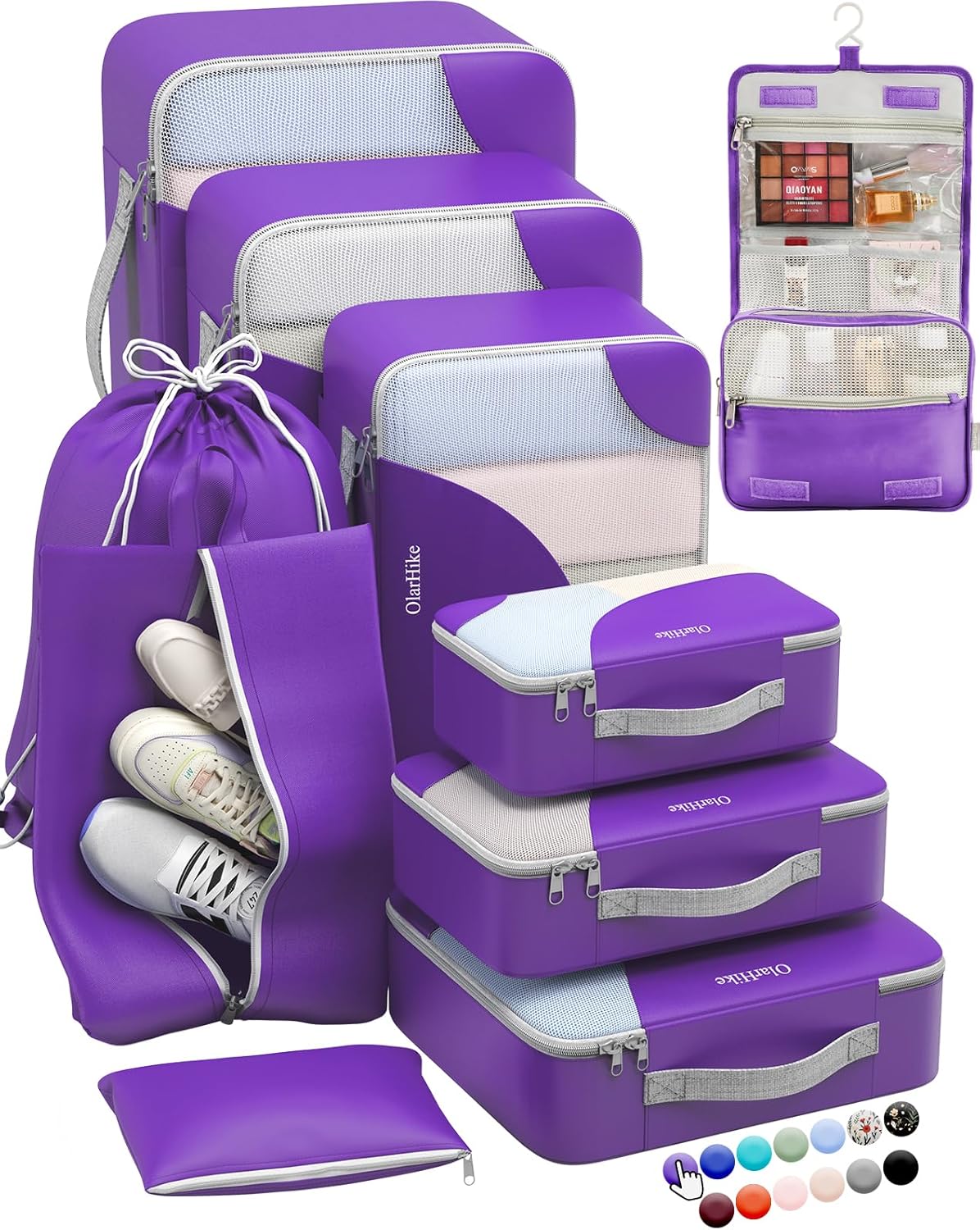 OlarHike Packing Cubes - Durable Travel Organizers with Anti-Tear Stitching | 10-Piece Set in Purple