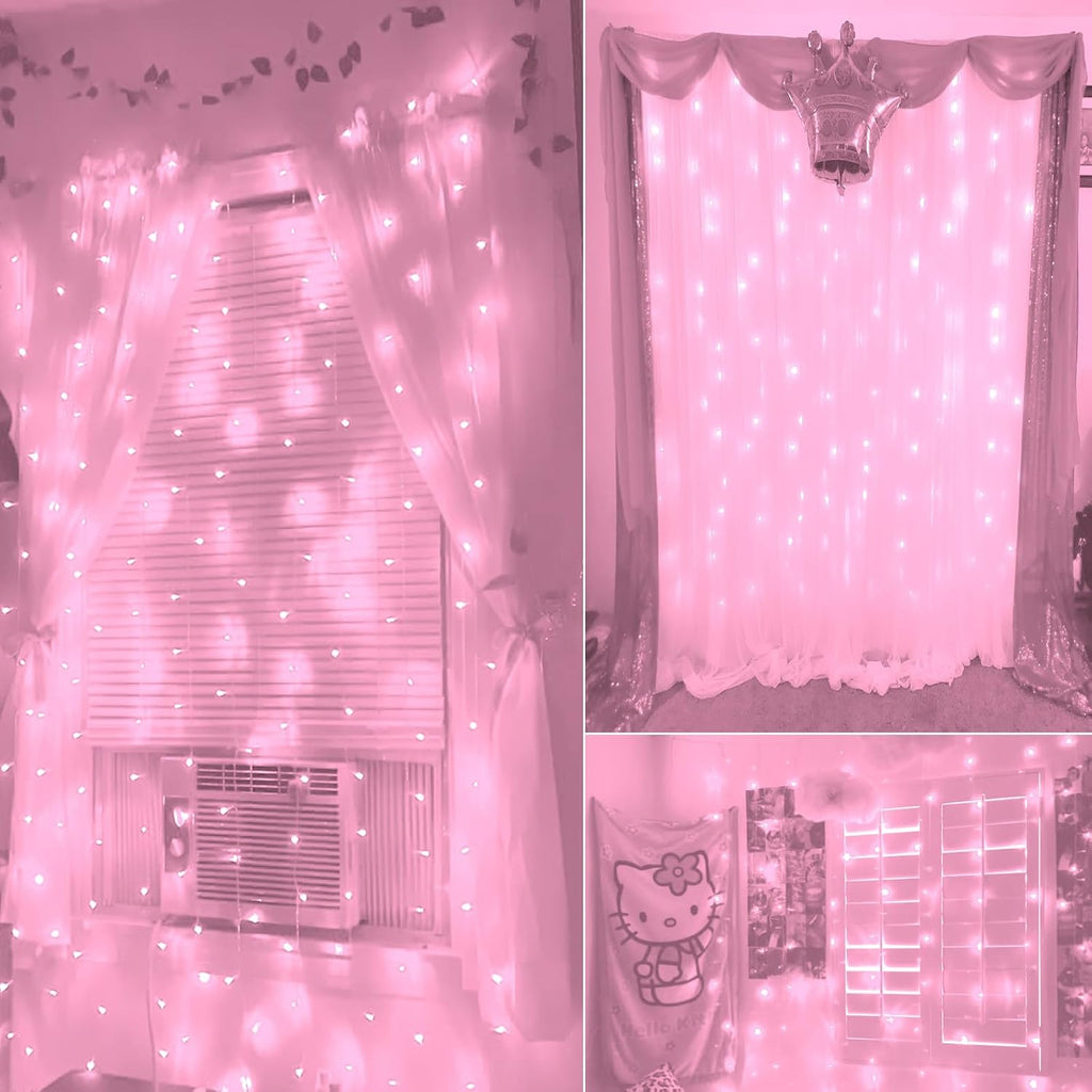 Skiennix Curtain Lights - 8 Modes LED String Lights for Pink Room Decor | Perfect for Parties & Valentine's Day