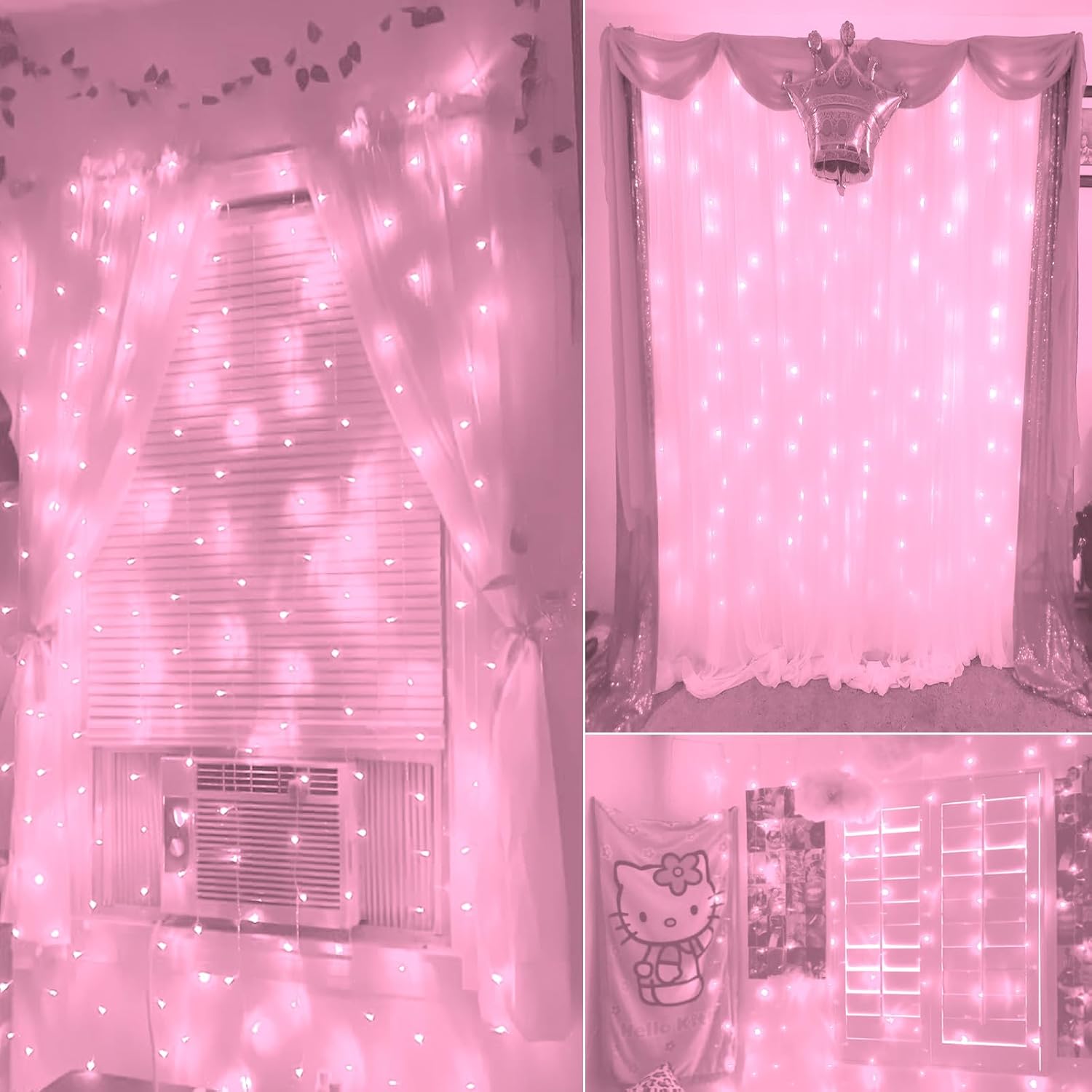 Skiennix Curtain Lights - 8 Modes LED String Lights for Pink Room Decor | Perfect for Parties & Valentine's Day