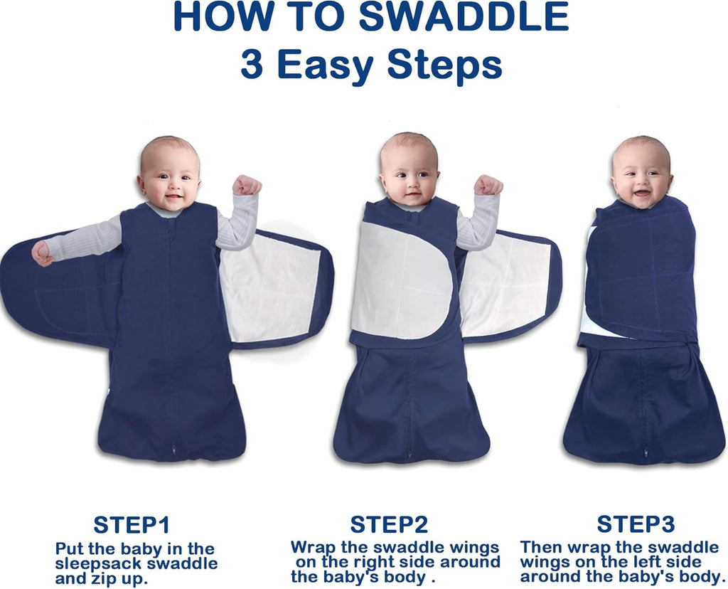 Skiennix Baby Sleep Sack Swaddle - 3-Way Adjustable Organic Cotton Blanket | 2 Pack, 3-6 Months, 12-18 lbs, 1.0 TOG (Cyan & Navy Blue)