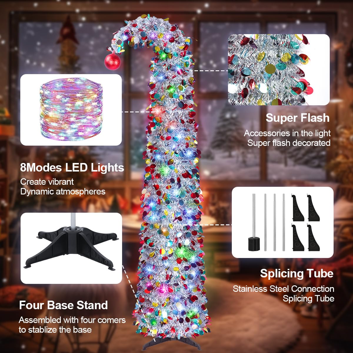 NEXSTRON 5Ft Pop Up Christmas Tree Collapsible with Lights, Easy Pull Up Christmas Tree Foldable with 150 Color Lights, Colorful Silver Pencil Skinny Tinsel Xmas Tree with Storage Box for Apartments