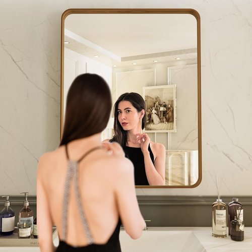 LOAAO Bathroom Mirror - 32X36 Inch Rounded Rectangle with Wood Grain Metal Frame | Anti-Rust, Versatile Hanging Options