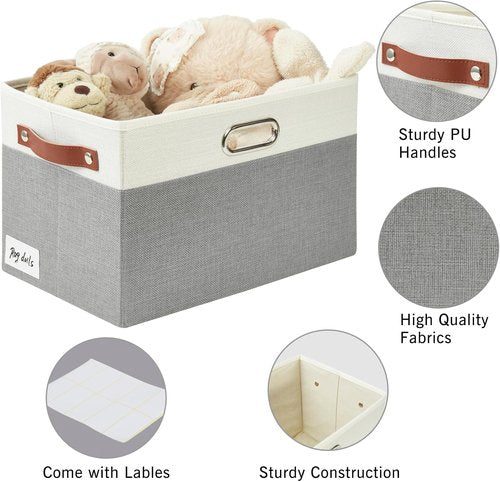 Bagnizer Fabric Storage Bins - Large Collapsible Organizer Baskets with 3 Handles | 3 Pack, Durable Gray & White (14.9"x9.8"x9.8")