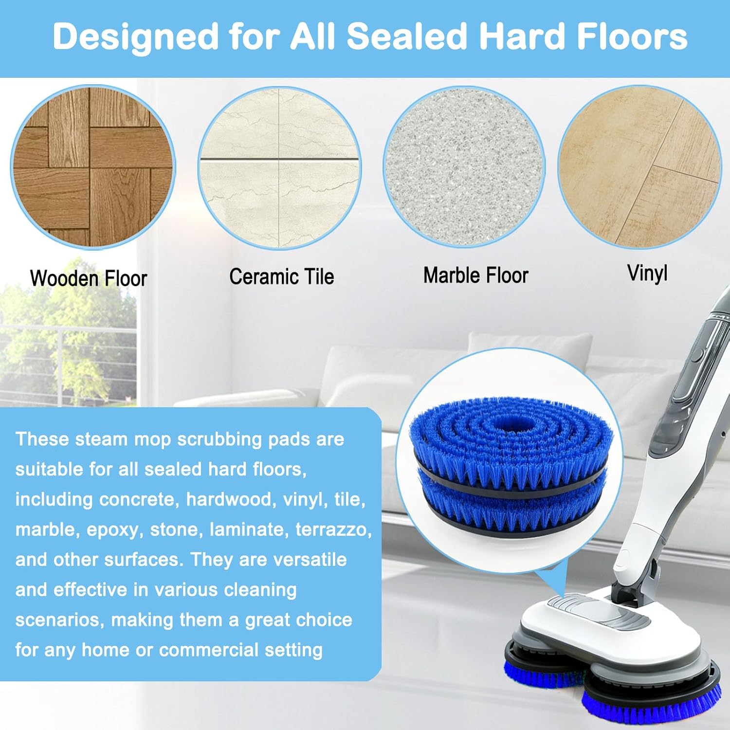 Shark S8201 Replacement Steam Mop Brush Heads - 2 Pack, Upgraded Washable Scrubbing Brushes, Blue