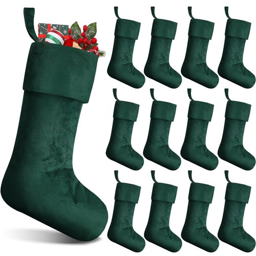 Hoosige 12 Pcs Velvet Christmas Stocking 18 Inch Bulk Rustic Soft Hanging Stockings Christmas Decoration for Xmas Holiday Family Party Tree Fireplace Classic Ornaments(Dark Green)