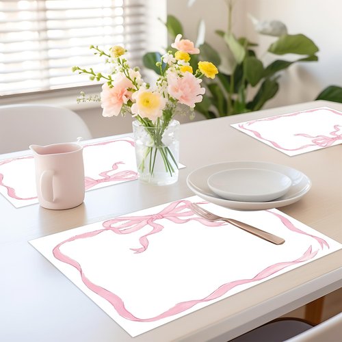 JarThenaAMCS 50 Sheets Pink Bow Paper Placemat Coquette Bowknot Place Mat Cute Disposable Table Mat for Bachelorette Party Dinner Table, 14 x 10 Inch