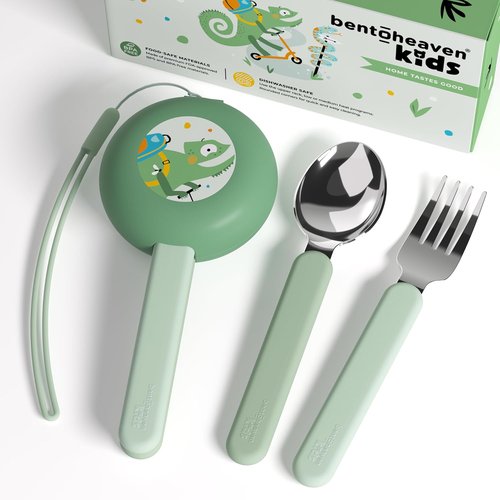 Bentoheaven Kids Travel Utensils Set - Food-Grade Stainless Steel & BPA-Free - Dishwasher Safe, Chameleon Color