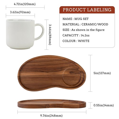 JiabaoPC Ceramic Coffee Mug and Wooden Serving Tray Set, White Ribbed Cup with Handle 14.2oz, Modern Design with Wood Platter