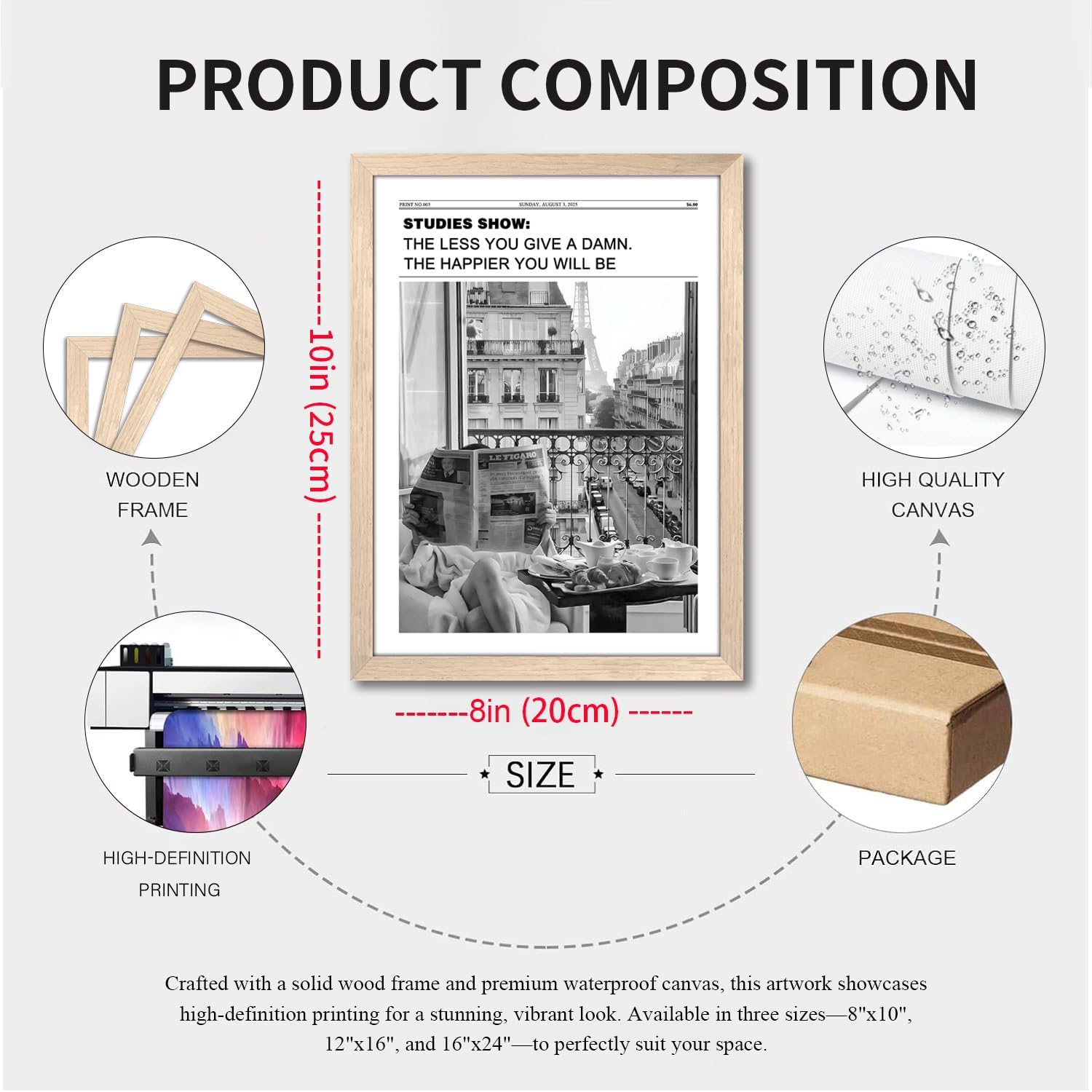 Vintage Black and White Newspaper Wall Art - Positive Headline Canvas Print for Bedroom & Bathroom | 8x10 Inch Light Wood Frame