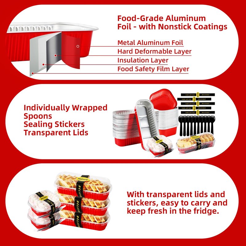 Orlashop 100 Pack Red Mini Aluminum Foil Loaf Pans with Lids 50Pcs 6.8oz and50Pcs 10oz, Spoons & Sealing Stickers Included Ideal for Baking, Storage & Gifting Dessert (100PCS RED)
