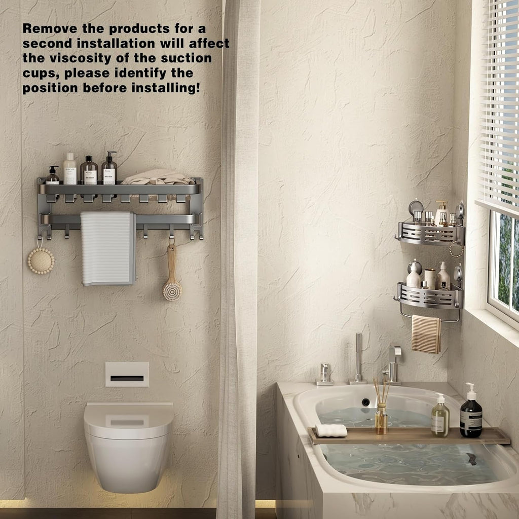 VOLPONE Corner Shower Caddy - No-Drill Suction Cup Bathroom Organizer with Towel Bar Hooks | Matte Gray (2-Pack)