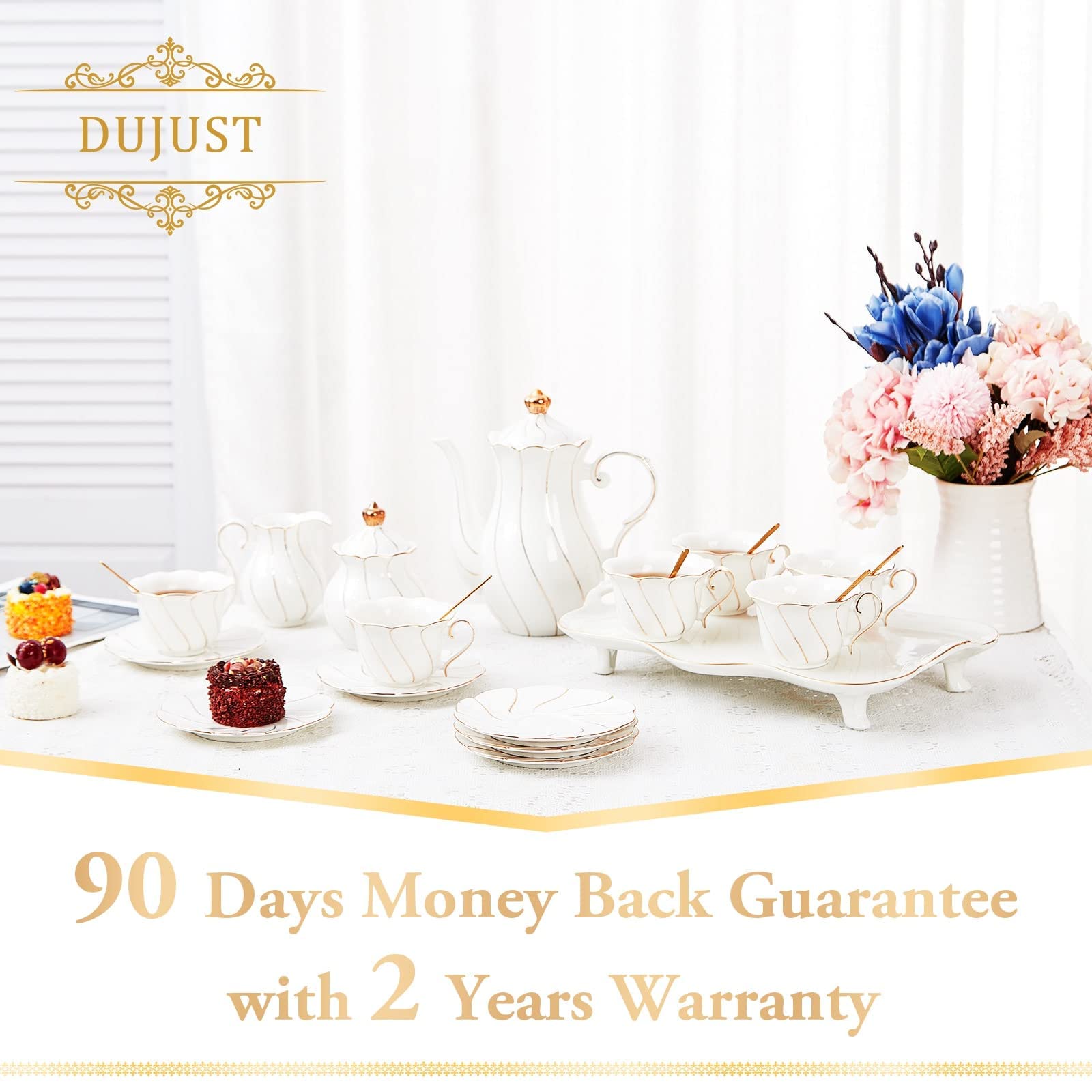 DUJUST 20 pcs Tea Set of 6 with Tea Tray & Spoons, Luxury British Style Tea/Coffee Cup Set with Golden Trim, Beautiful Porcelain Tea Set for Living Room Decor, Tea Party Set, Gift Package - White