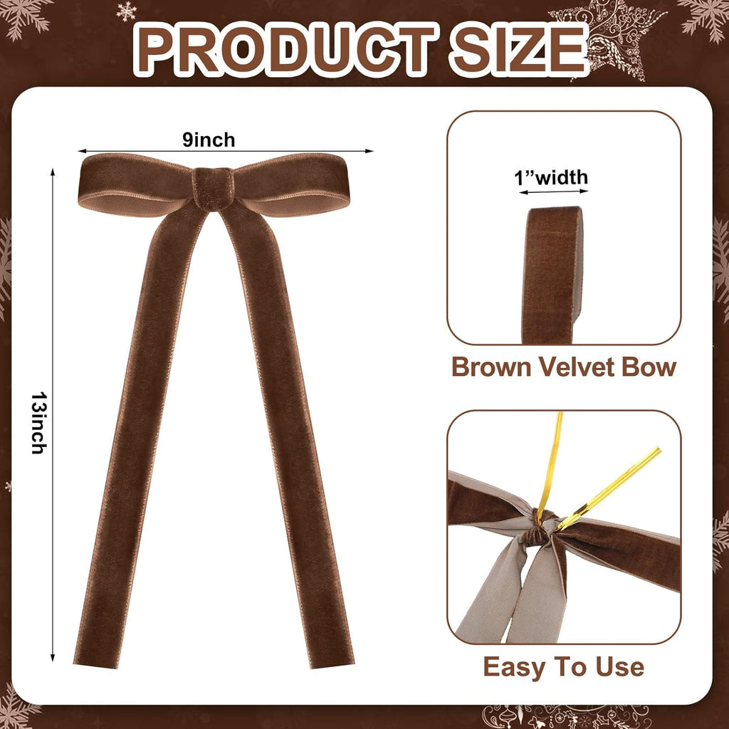 Skiennix 24 Pcs Velvet Bows - Vintage Ribbon Bows for Christmas Tree & Crafts | Brown, 9 x 13 Inch