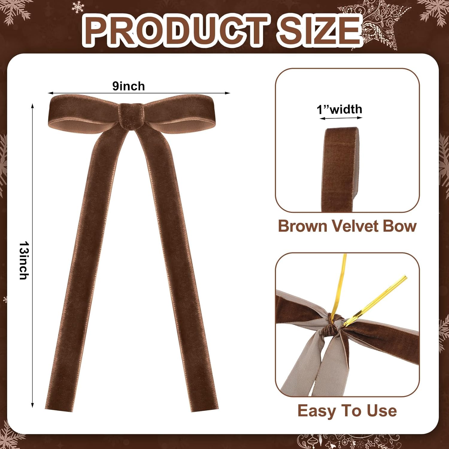 Skiennix 24 Pcs Velvet Bows - Vintage Ribbon Bows for Christmas Tree & Crafts | Brown, 9 x 13 Inch
