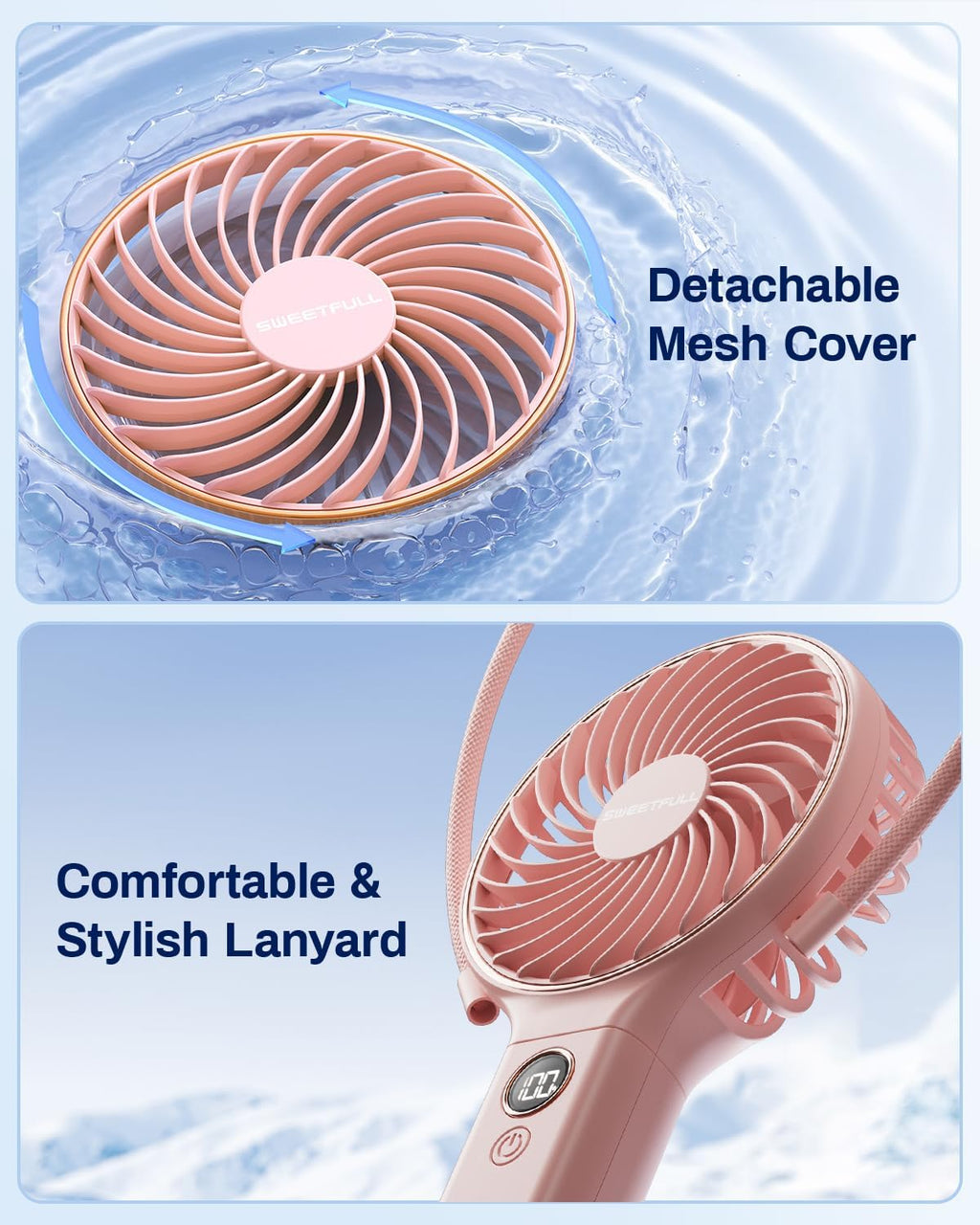 SWEETFULL Handheld Portable Fan - 5000mAh Rechargeable Battery, 6 Speed Wind, LED Display | Mini Travel Fan
