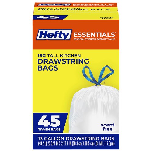 Hefty Essentials 13 Gallon Drawstring Kitchen Trash Bags - 45 Count, Tall & Unscented, Easy to Tie & Lift