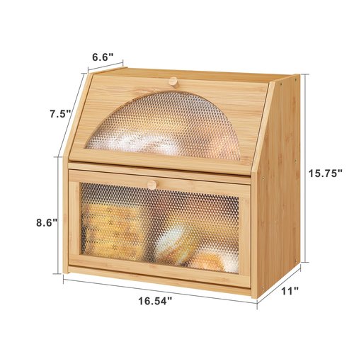 Vriccc Extra Large Bread Box for Kitchen Counter, Bamboo Wood Double Layer Bread Box for Kitchen Counter, Wooden Capacity Bread Storage Bin