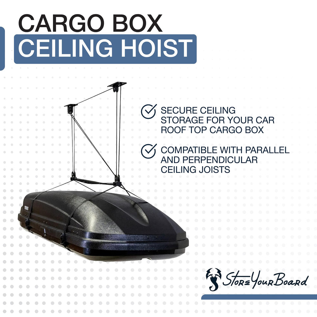 StoreYourBoard Cargo Box Pulley System – Heavy-Duty Garage Hoist Lift for Rooftop Carriers – Garage Storage & Garage Organization Ceiling Hoist with Pulley – Holds 150 lbs - Fits 8–10 ft Ceilings