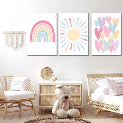 3Pcs Framed Pink Nursery Canvas Wall Art Rainbow Poster Kids Bedroom Baby Girls Toddler Pastel Wall Decor Prints Sun Boho Pink Sunshine Painting for Classroom School Nursery Decoration 16x24in
