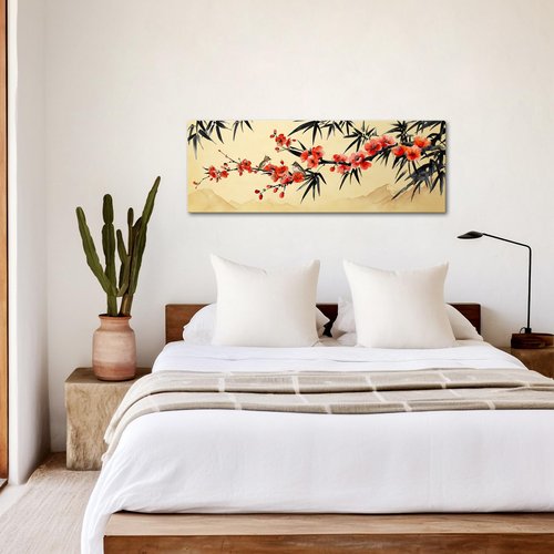 iKNOW FOTO Large Bamboo Plum Blossoms Chinese Traditional Wall Art with Birds Black and Red Canvas Painting for Living Room, Hallway, Home Office, Asian Wall Decor, Modern Chinese Art 20x55 Inches