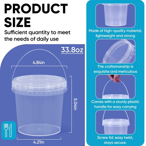 UMETASS 4Pack 34oz Clear Bucket with Lids - Plastic Food Storage Containers, Airtight Screw-On Lids - Freezer Safe Ice Cream Bucekts, Food Grade Reusable Containers for Kitchen