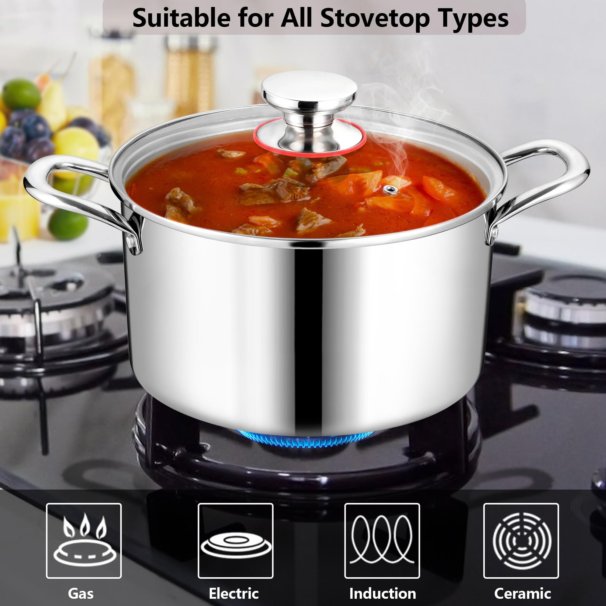 Stainless Steel Stock Pot, Homikit 6QT Large Stockpot with Glass Lid, Heavy Duty Tri-ply Pasta Chicken Soup Pot Induction Cookware for Steaming and Stewing, Dishwasher Safe