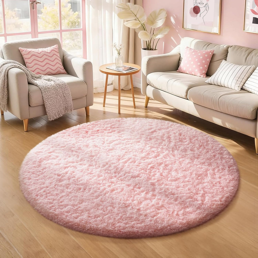 Ophanie Pink Round Rug - Fluffy Kawaii Shag Area Rug for Girls' Bedroom | 4Ft Plush Carpet for Nursery & Living Room Decor