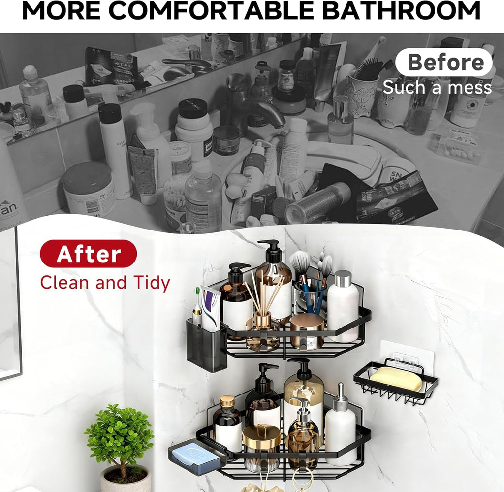 Skiennix Corner Shower Caddy - 5-Pack Adhesive Organizer Shelves | No-Drill Stainless Steel Storage Rack in Black