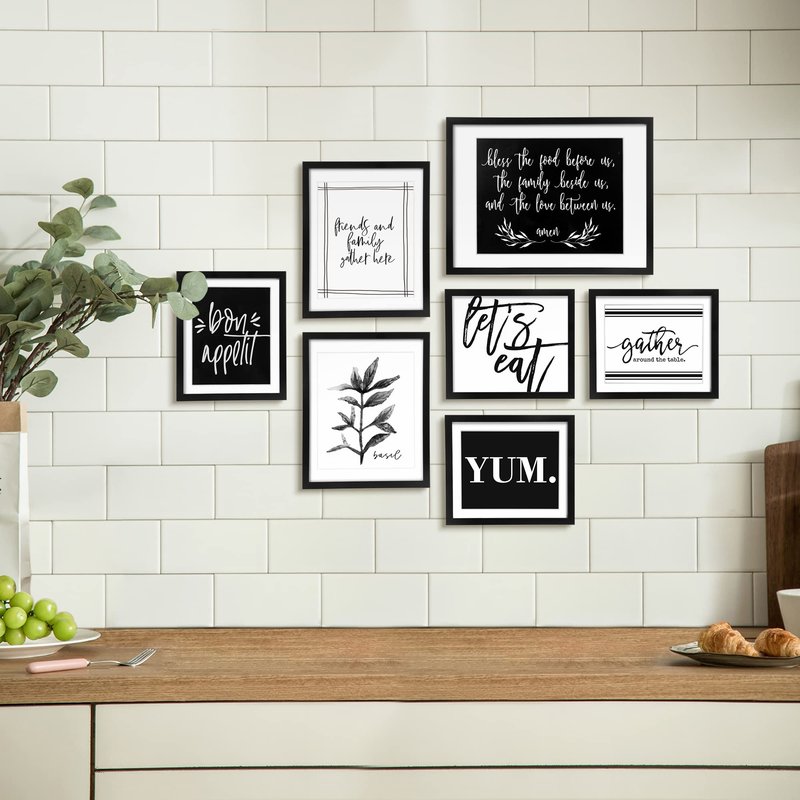 ArtbyHannah Gallery Wall Frame Set, 7 Piece Black Picture Frame Set for Kitchen Dining Room Wall Decor with Inspirational Quotes, Multi Size Gather Sign Prints Pictures Collage