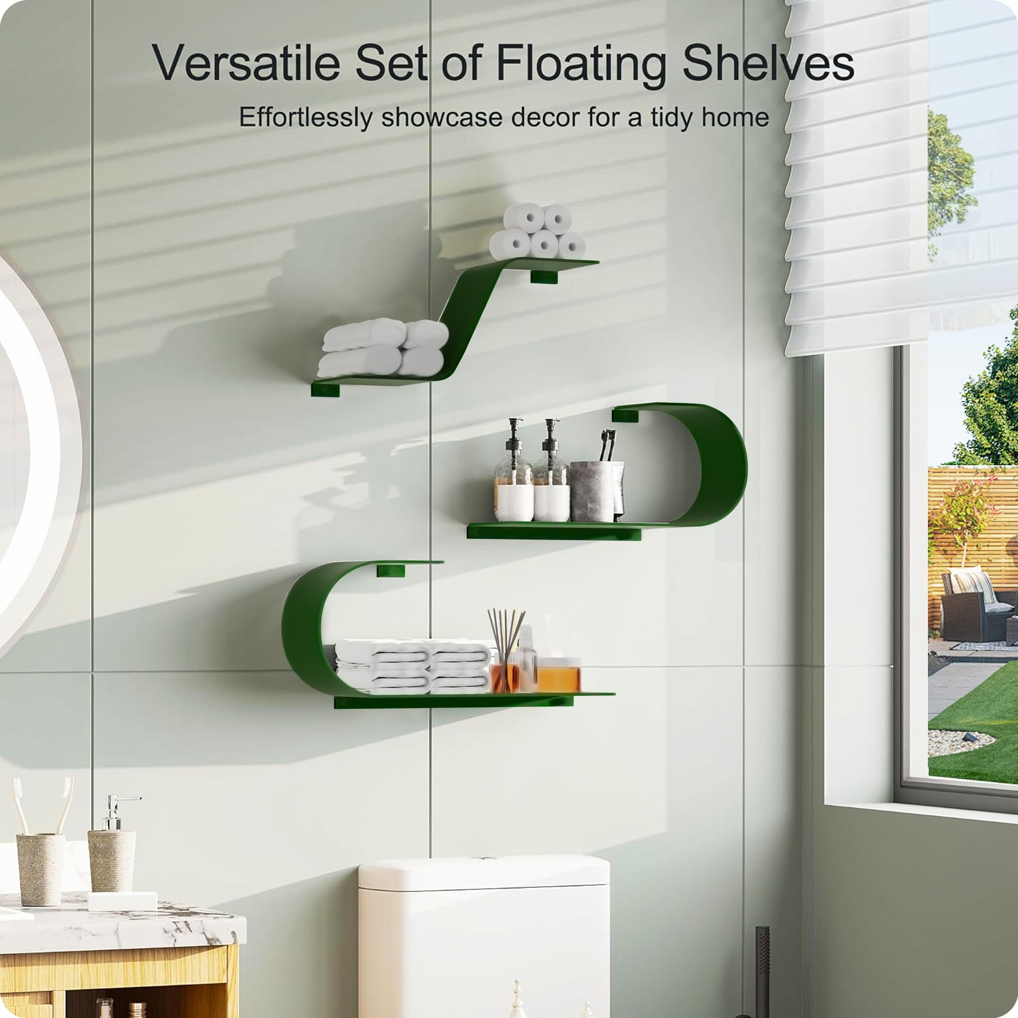 BUTUNITA Green Floating Shelves Set of 3, Green Metal Decor, Unique Mounted Floating Shelf, Modern Long Wall Shelf, Large Wall Shelves for Bedroom, Bathroom, Living Room