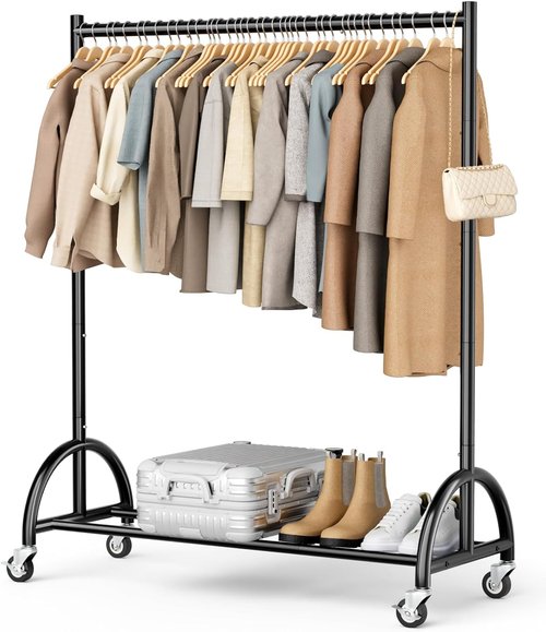 MISSLO Heavy Duty Clothing Rack - Rolling Garment Rack with Wheels for Coats & Dresses - Black